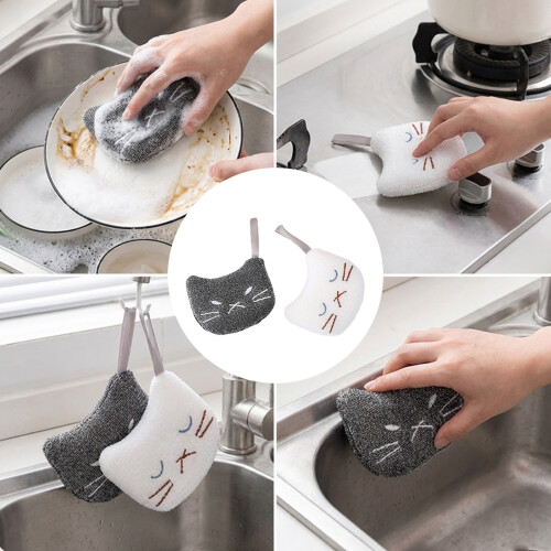 2PCS Cartoon Cats Design Sponge Pad Scrubber Cleaning Tool For 1