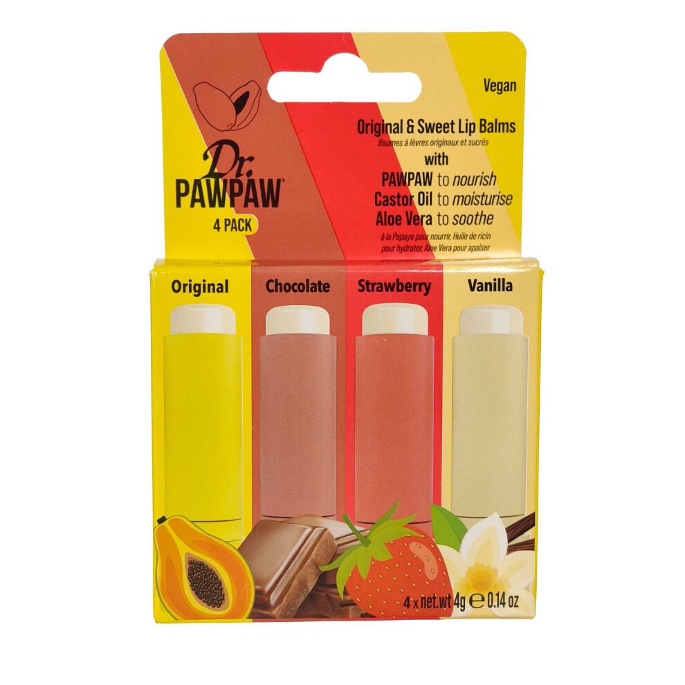 Dr Paw Paw Original And Sweet Lip Balms 4 X 4G Original, Chocolate, Strawberry, Vanilla
