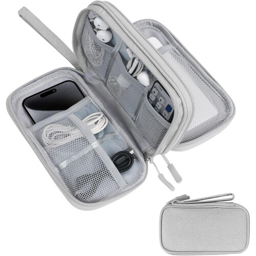 Waterproof Electronics Organizer Pouch with Double Layer Travel Cable Storage Bag and Hand Strap, Grey
