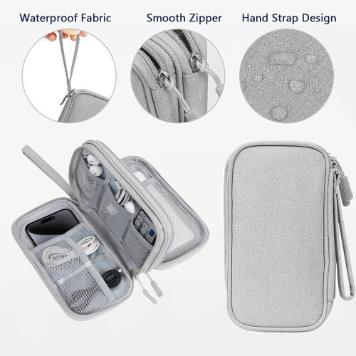 Waterproof Electronics Organizer Pouch with Double Layer Travel Cable Storage Bag and Hand Strap, Grey 2