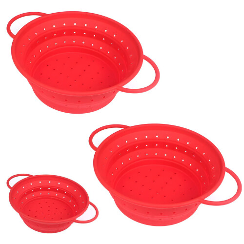 3 Silicones collapsibles Kitchen Strainers With Hanging-Red 1