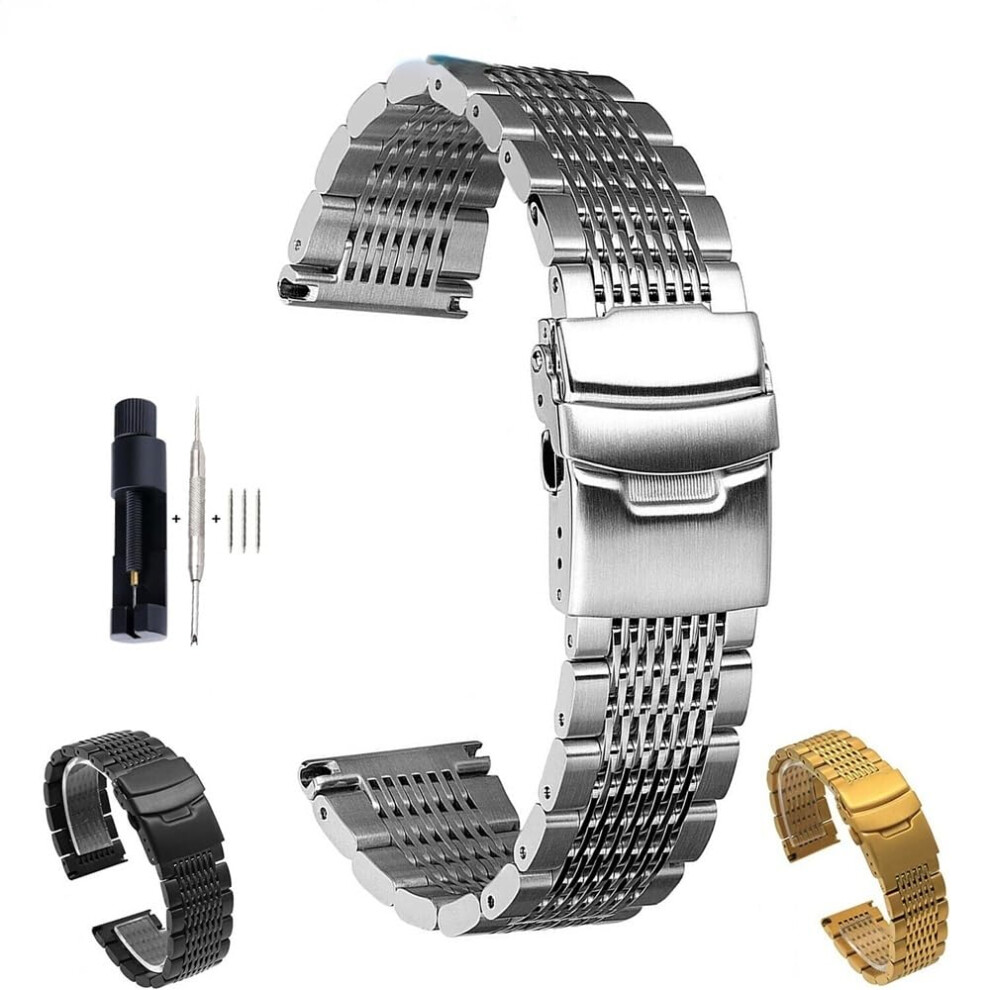 Mesh Stainless Steel Watch Band 18Mm 20Mm 22Mm 24Mm With Secure Deployment Buckle Black 9092120401271