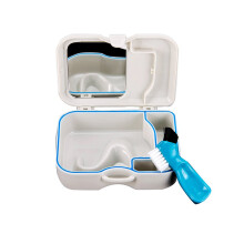 Denture Storage Case with BuiltIn Mirror and Brush, Compact Travel Dental Appliance Holder