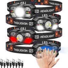 4 Pack Rechargeable LED Head Torch with Motion Sensor, 5 Light Modes, Hands-Free Headlamp for Camping, Hiking, Running, Cycling, Fishing & Emergency