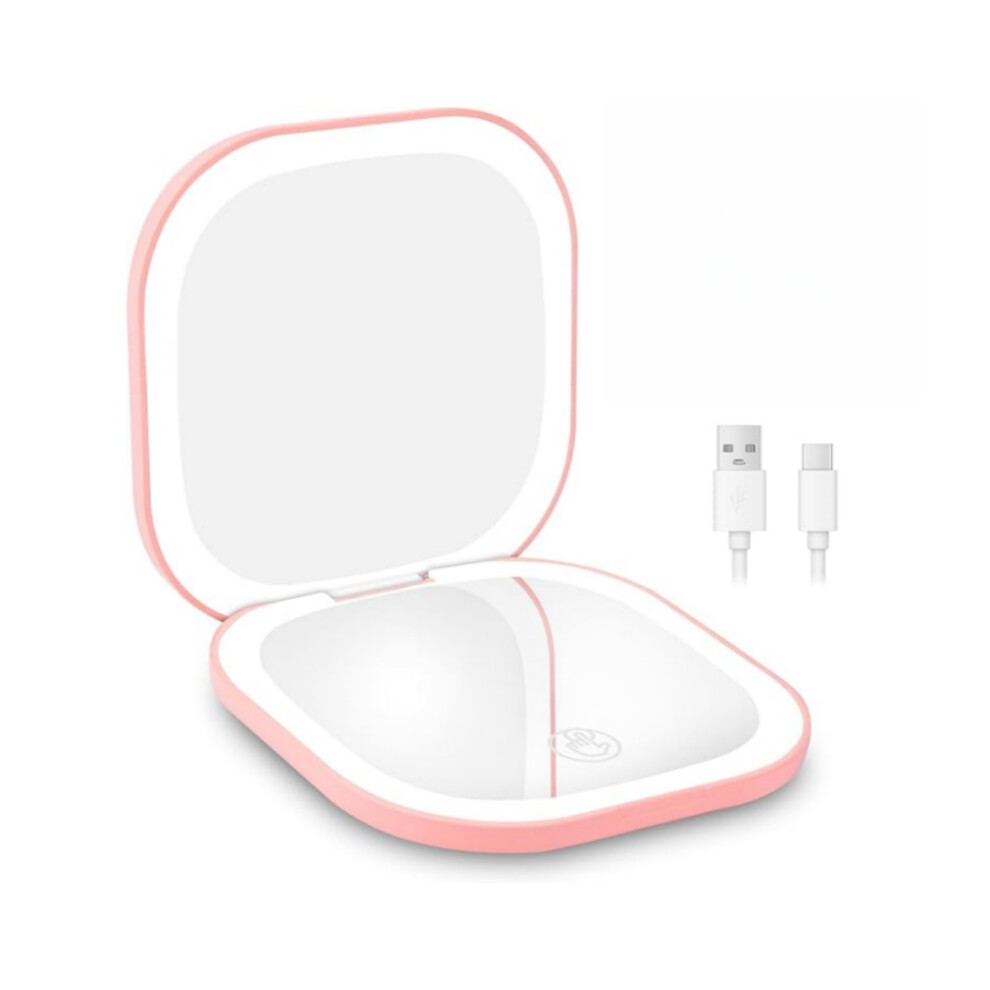 Rechargeable Magnifying Travel Mirror, 3X/1X Magnifying Makeup Mirror with Light, 3 Lighting Colors, Double-Sided, for Precise Makeup, Pink