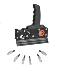 Chamfering planer with 7 cutting heads for woodworking - Wood edge flattening tool (black with stand and 6 cutters)