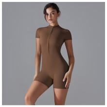 (6657 Shorts Jumpsuit – Chestnut, L) Women's Summer Solid Color Zip Short Sleeve Slim Yoga Jumpsuit, Stretchy One-Piece for Dance & Fitness