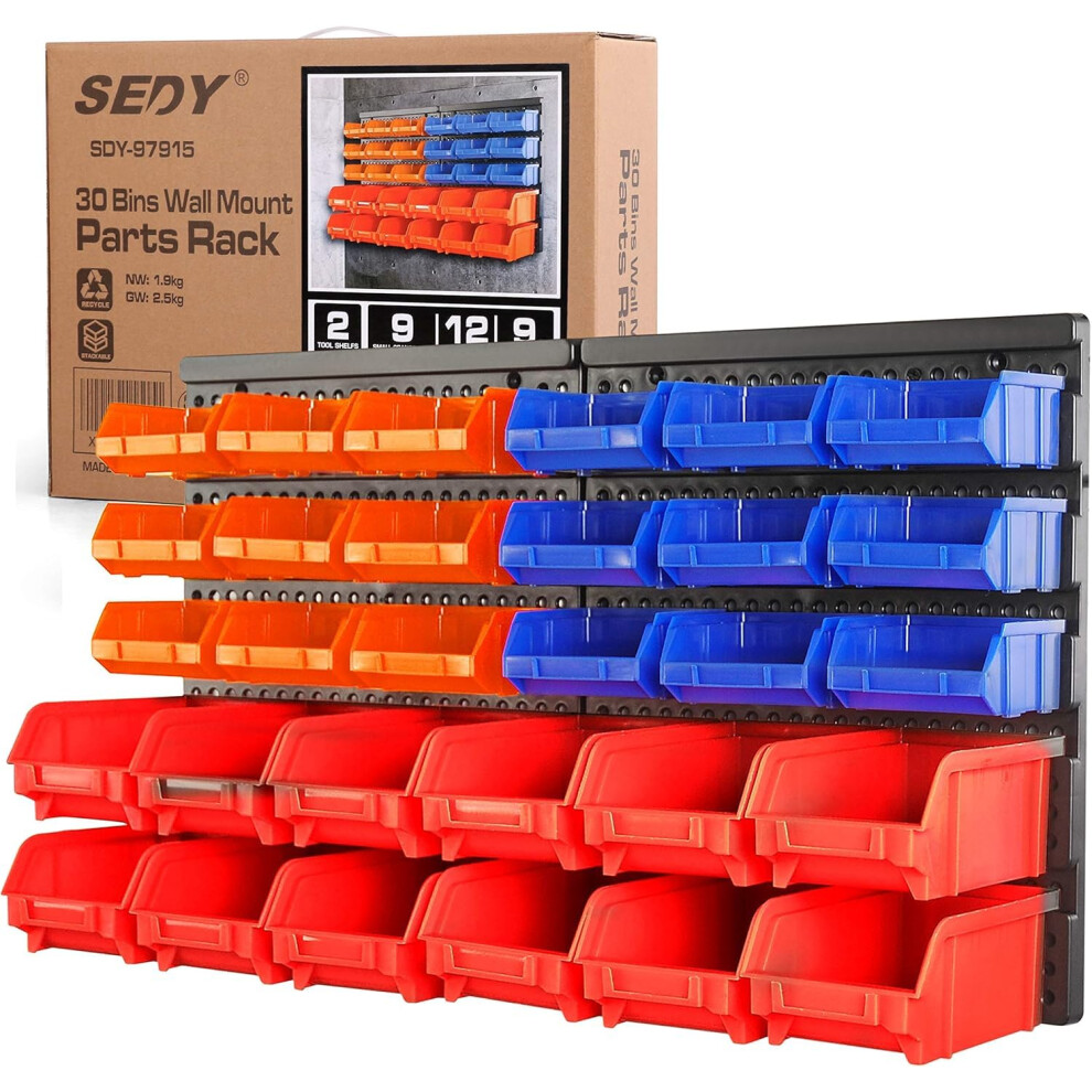 30 Bin Wall Mounted Storage Rack, Heavy Duty Garage Tool Organizer With Removable Bins For Small Parts 9455672901093