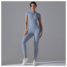 (6656 trousers jumpsuit-haze blue, M) Women's New Zip Front Short Sleeve Jumpsuit, Sexy Slim Fit Yoga Bodysuit for Dance & Fitness