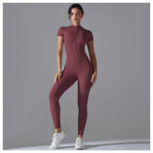 (6656 trousers jumpsuit-maroon, XL) Women's New Zip Front Short Sleeve Jumpsuit, Sexy Slim Fit Yoga Bodysuit for Dance & Fitness