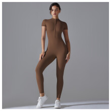 (6656 Trousers Jumpsuit – Chestnut, M) Women's New Zip Front Short Sleeve Jumpsuit, Sexy Slim Fit Yoga Bodysuit for Dance & Fitness