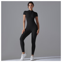 (6656 Trousers Jumpsuit-Black, XL) Women's New Zip Front Short Sleeve Jumpsuit, Sexy Slim Fit Yoga Bodysuit for Dance & Fitness