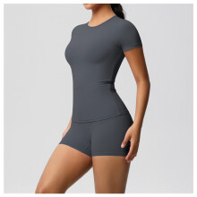 (7103 short sleeves + 7101 shorts set - graphite gray, L) Women's Solid Nude Soft Yoga Set, Slim Stretchy T-Shirt & Fitness Shorts