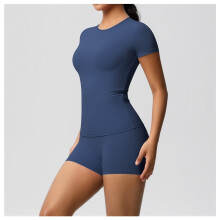 (7103 Short Sleeve + 7101 Shorts Set - Badge Blue, M) Women's Solid Nude Soft Yoga Set, Slim Stretchy T-Shirt & Fitness Shorts