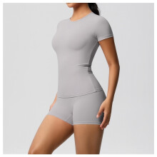 (7103 short-sleeved + 7101 shorts suit-frost gray, XL) Women's Solid Nude Soft Yoga Set, Slim Stretchy T-Shirt & Fitness Shorts