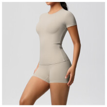 (7103 Short Sleeve + 7101 Shorts Set-Camel Brown, S) Women's Solid Nude Soft Yoga Set, Slim Stretchy T-Shirt & Fitness Shorts