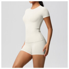 (7103 short sleeves + 7101 shorts suit - light ivory, XL) Women's Solid Nude Soft Yoga Set, Slim Stretchy T-Shirt & Fitness Shorts