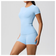 (7103 short-sleeved + 7101 shorts suit-sky blue, L) Women's Solid Nude Soft Yoga Set, Slim Stretchy T-Shirt & Fitness Shorts