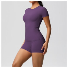 (7103 short-sleeved + 7101 shorts suit-purple, XL) Women's Solid Nude Soft Yoga Set, Slim Stretchy T-Shirt & Fitness Shorts
