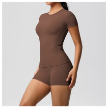 (7103 short-sleeved + 7101 shorts suit-chestnut color, XL) Women's Solid Nude Soft Yoga Set, Slim Stretchy T-Shirt & Fitness Shorts
