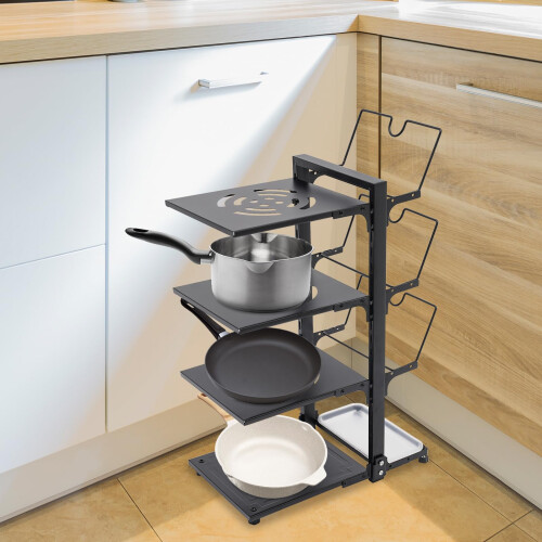 Adjustable 4Tier Pot and Pan Organizer Rack with SpaceSaving Design for Kitchen Storage