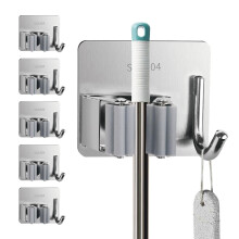 Broom and Mop Holder Wall Mount Stainless Steel Rack with Hooks for Garage Laundry Closet