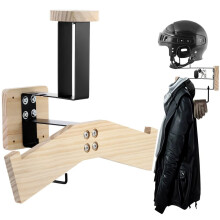 Motorcycle Helmet Rack Wall Mounted Wooden Holder with Hook for Gear Storage, 88 lbs Capacity, BuiltIn Key Slot