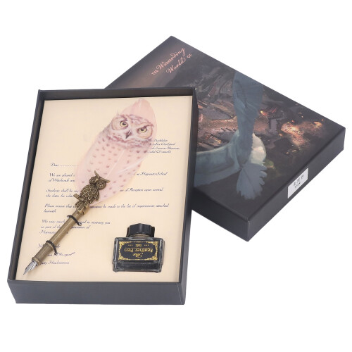 Federmäppchen mit Edelstahl-Spitze, Eule aus Metall, Schreibfeder-Geschenkset 1