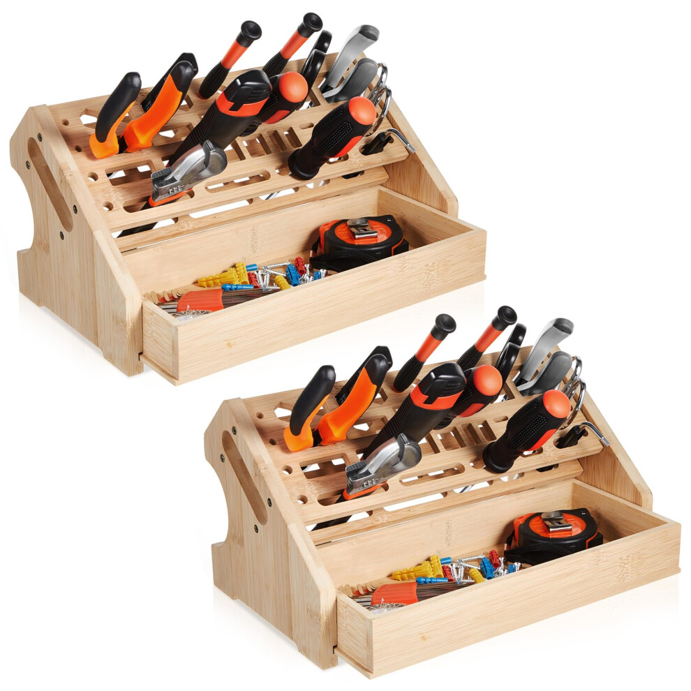 2 Pack Bamboo Tool Organizer With Drawer, Durable Screwdriver Holder Rack For Desktop Hand Tool Storage 9092120412819