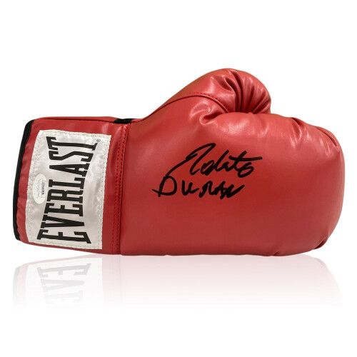 Roberto Duran Signed Red Boxing Glove. Display Case With Plaque 2