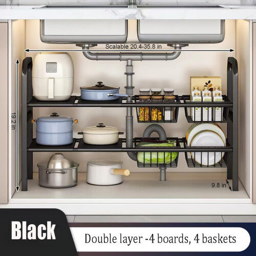 Adjustable Under Sink Organizer, 2 Tier Storage Rack with Removable Baskets, Fits Around Plumbing, Black 1