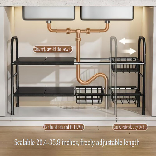 Adjustable Under Sink Organizer, 2 Tier Storage Rack with Removable Baskets, Fits Around Plumbing, Black 2