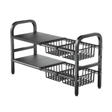 Adjustable Under Sink Organizer, 2 Tier Storage Rack with Removable Baskets, Fits Around Plumbing, Black