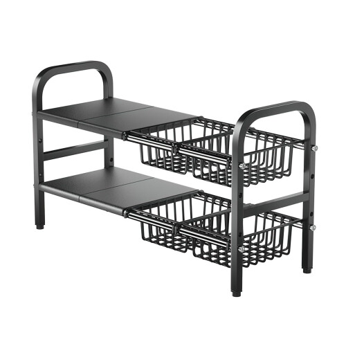 Adjustable Under Sink Organizer, 2 Tier Storage Rack with Removable Baskets, Fits Around Plumbing, Black