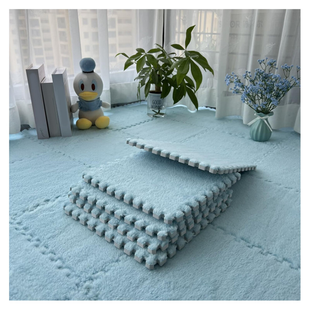 Interlocking Foam Mat 10Pcs Soft Shaggy Plush Carpet Tiles For Playroom, Nonslip Cushioned Design Light/Blue