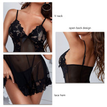 Black Lace Bodysuit Set V Neck Backless Slim Fit for Women S-XXL