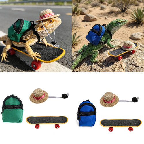 Skateboard Tiny Schoolbag Straw Hat for Pet Puppets-Green 2