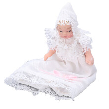 Miniatur-Ceramik-Babypuppe 1/12 mit beweglichem, biegbarem Körper, mit Kleid, 8 cm