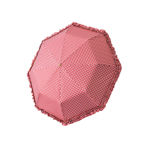Eye Catching Lace Trim Umbrella With Checkered Pattern-Burgundy