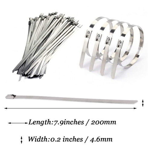 Abraçadeiras de aço inoxidável, 100 unidades, 20 cm (7,9 polegadas), resistentes e com travamento automático. 2