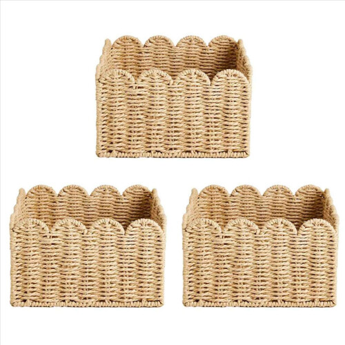 3X Scalloped Edge Basket, Wicker Storage Baskets,Handwoven Organizing
