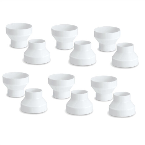 Conjunto de 12 adaptadores redutores/aumentadores de dutos de 6 a 4 polegadas em ABS para ventiladores ou secadoras.