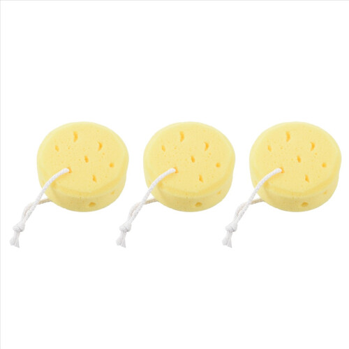 3X Yellow Round Bath Body Shower Soft Sponge with Hanging Loop 1
