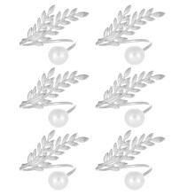 Pearls Embellished Metal Wheat Ear Napkins Holders Rings-Silver