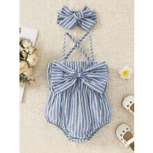 (18-24 Months, Blue) Baby Girls Summer Romper Stripe Print Big Bow Sleeveless Jumpsuit with Headband 2 Pcs Set
