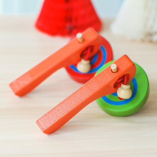 2PCS Wooden Spinning  with Pull String Handle, Durable Wood Gyroscope Toy for Kids, Random Colors 1