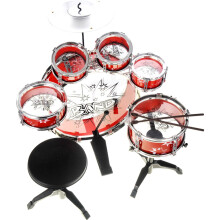 Kids Drum Set with Stool and Cymbal, Complete Red Toy Drum Kit with Kick Pedal for Beginners