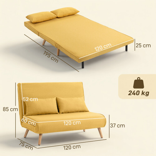 Homcom Sofá Cama Amarillo 120 x 75 x 85 cm 2