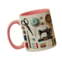Sewing Theme Accessories Ceramic Drinking Cup Ergonomic-Pink