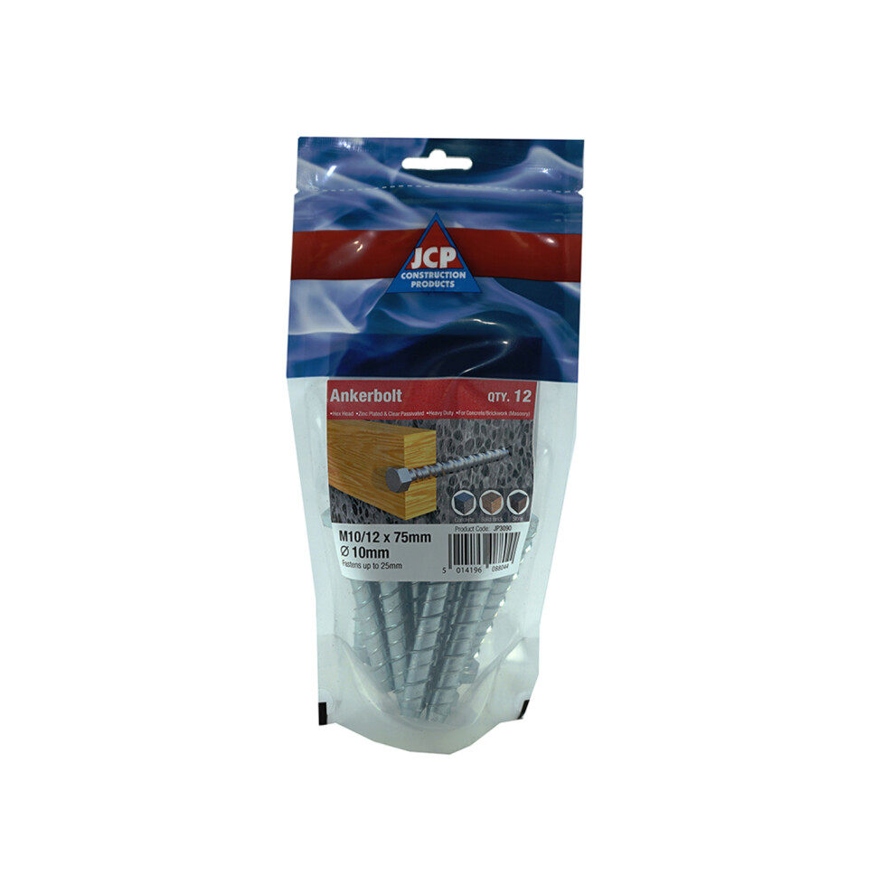 Jcp Fixings Ankerbolts Hexagon Head Bzp - 8/10 X 75Mm - Fjpojab08/10075 - Box Of 70 5014196088013